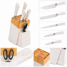 White Marble Knife Block Set with Gold Veining & Wooden Top