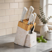 White Marble Knife Block Set with Gold Veining & Wooden Top