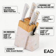 White Marble Knife Block Set with Gold Veining & Wooden Top