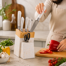 White Marble Knife Block Set with Gold Veining & Wooden Top
