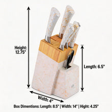 White Marble Knife Block Set with Gold Veining & Wooden Top