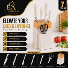 White Marble Knife Block Set with Gold Veining & Wooden Top