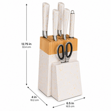 White Marble Knife Block Set with Gold Veining & Wooden Top