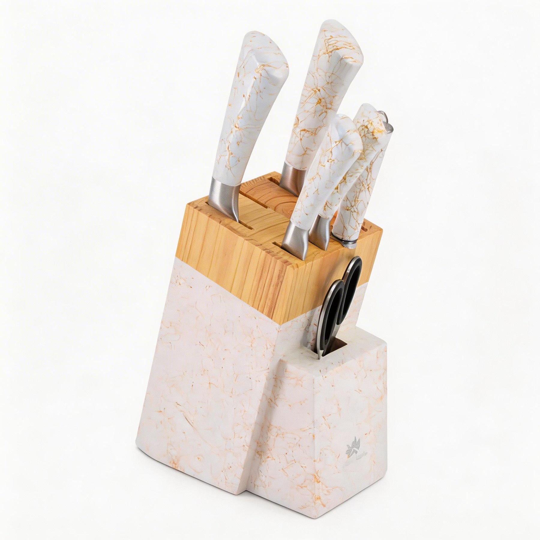 White Marble Knife Block Set with Gold Veining & Wooden Top