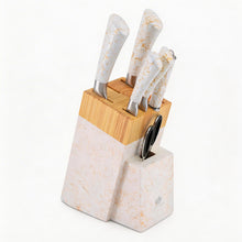 White Marble Knife Block Set with Gold Veining & Wooden Top