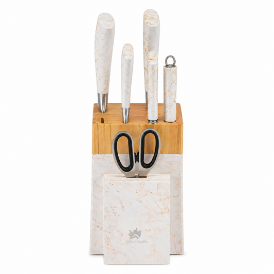 White Marble-Style Knife Block Set with Gold Veining, Wooden Top & Kitchen Scissors – Countertop Cutlery Organizer