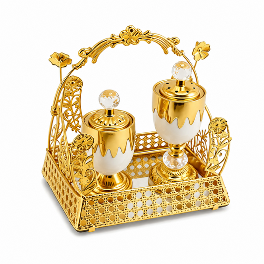 Ornate Golden Incense and Perfume Gift Set with Decorative Tray