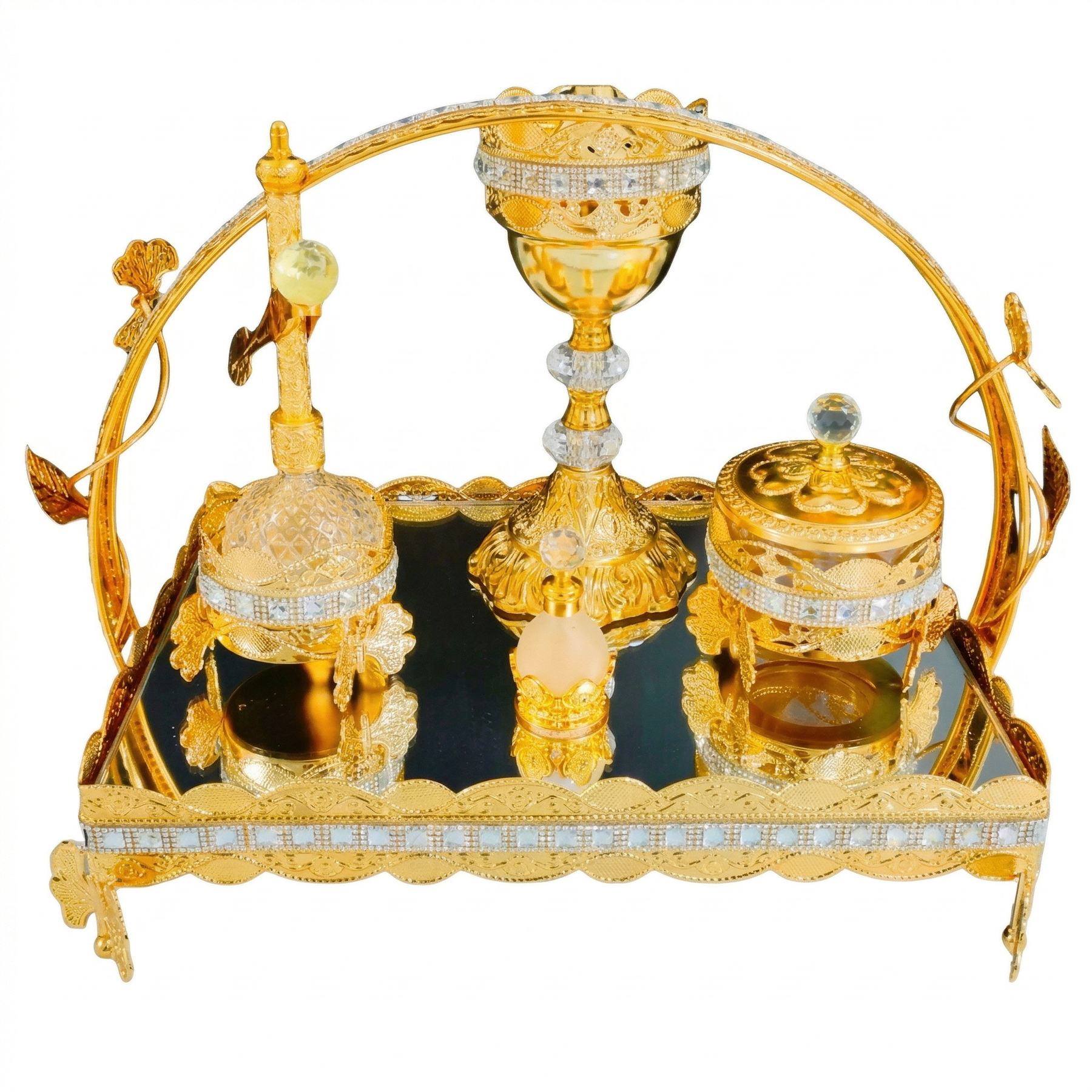 Luxury Gold Crystal Bakhoor Burner & Incense Stand Set with Mirrored Tray