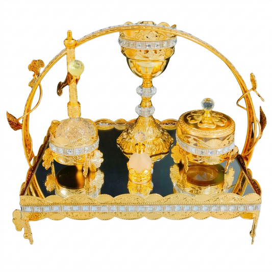 Luxury Gold Crystal Bakhoor Burner & Incense Stand Set with Mirrored Tray