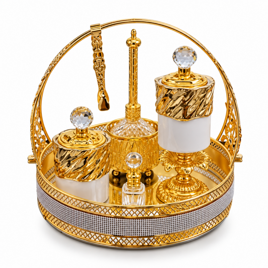 Luxury White & Gold Incense Burner with Crystal Accents and Decorative Tray