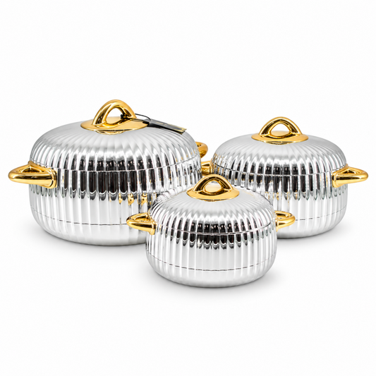 Luxury Gold-Trim Stainless Steel Insulated Casserole Food Warmer Set - 3 Piece Thermal Serving Pots with Lids