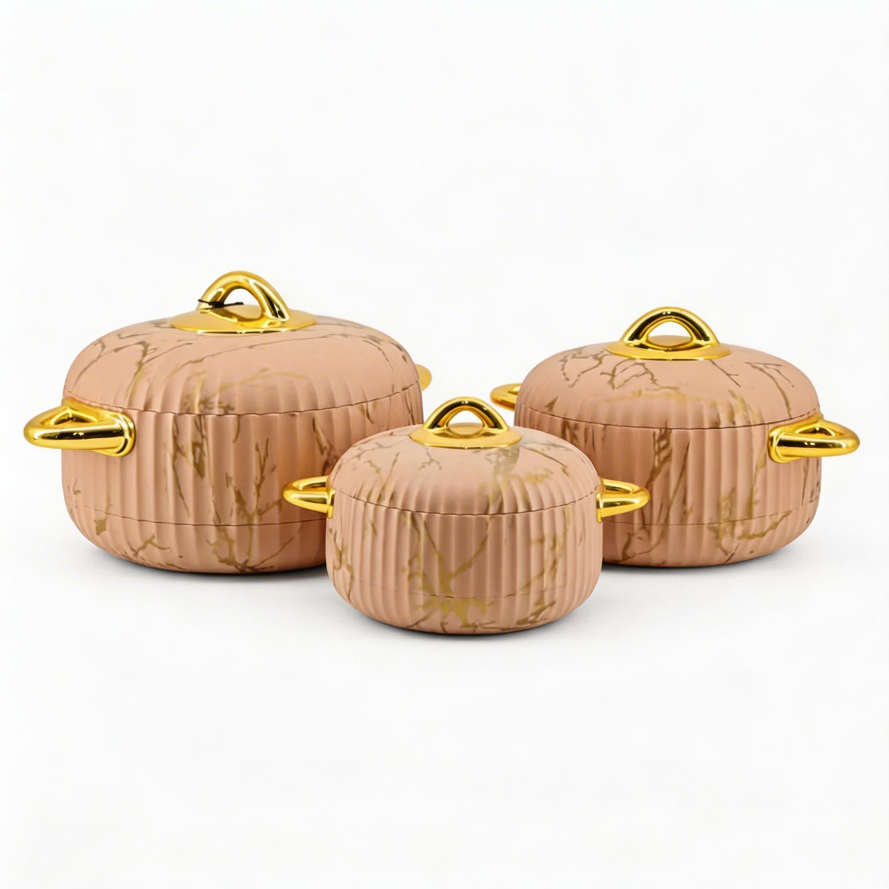 Premium Boutique Salmon Insulated Casserole Set with Gold Handles - 1L, 2L & 3.5L