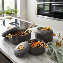 Premium Dark Gray Insulated Casserole Set with Gold Handles - 1L, 2L & 3.5L