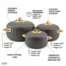 Premium Dark Gray Insulated Casserole Set with Gold Handles - 1L, 2L & 3.5L