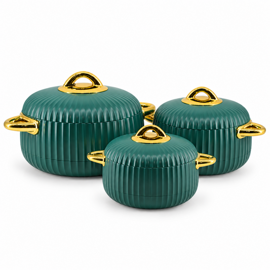 Premium Green Insulated Casserole Set with Gold Handles - 3 Piece Thermal Serving Pots, 1L / 2L / 3.5L