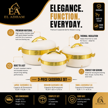 Premium Cream Insulated Casserole Set with Gold Handles - 1L, 2L & 3.5L