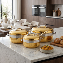 3 PCS Premium Gold Insulated Casserole Set with Silver Handles - 1L, 2L & 3.5L