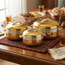 3 PCS Premium Gold Insulated Casserole Set with Silver Handles - 1L, 2L & 3.5L