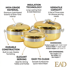 3 PCS Premium Gold Insulated Casserole Set with Silver Handles - 1L, 2L & 3.5L