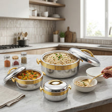 Premium Silver Insulated Casserole Set with Gold Handles - 1L, 2L & 3.5L