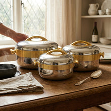 Premium Silver Insulated Casserole Set with Gold Handles - 1L, 2L & 3.5L
