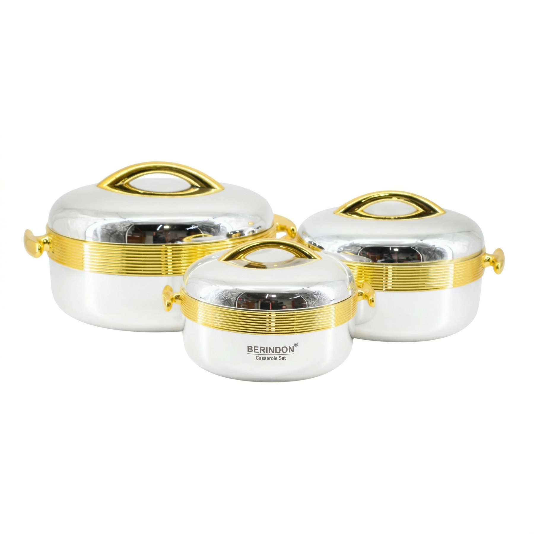 Premium Silver Insulated Casserole Set with Gold Handles - 1L, 2L & 3.5L