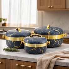 Luxury Navy Blue Insulated Casserole with Gold Accents - Marble Finish Thermal Serving Pot