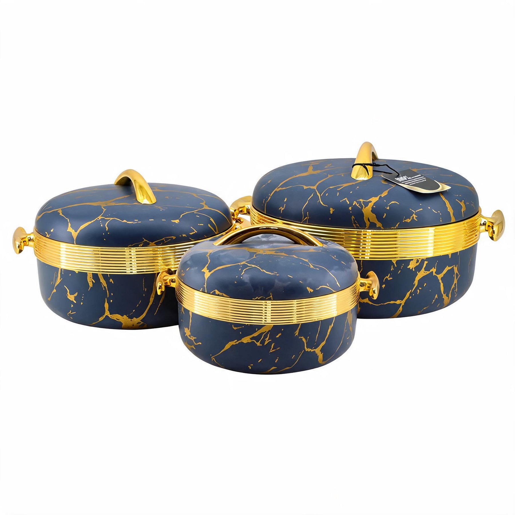Luxury Navy Blue Insulated Casserole with Gold Accents - Marble Finish Thermal Serving Pot