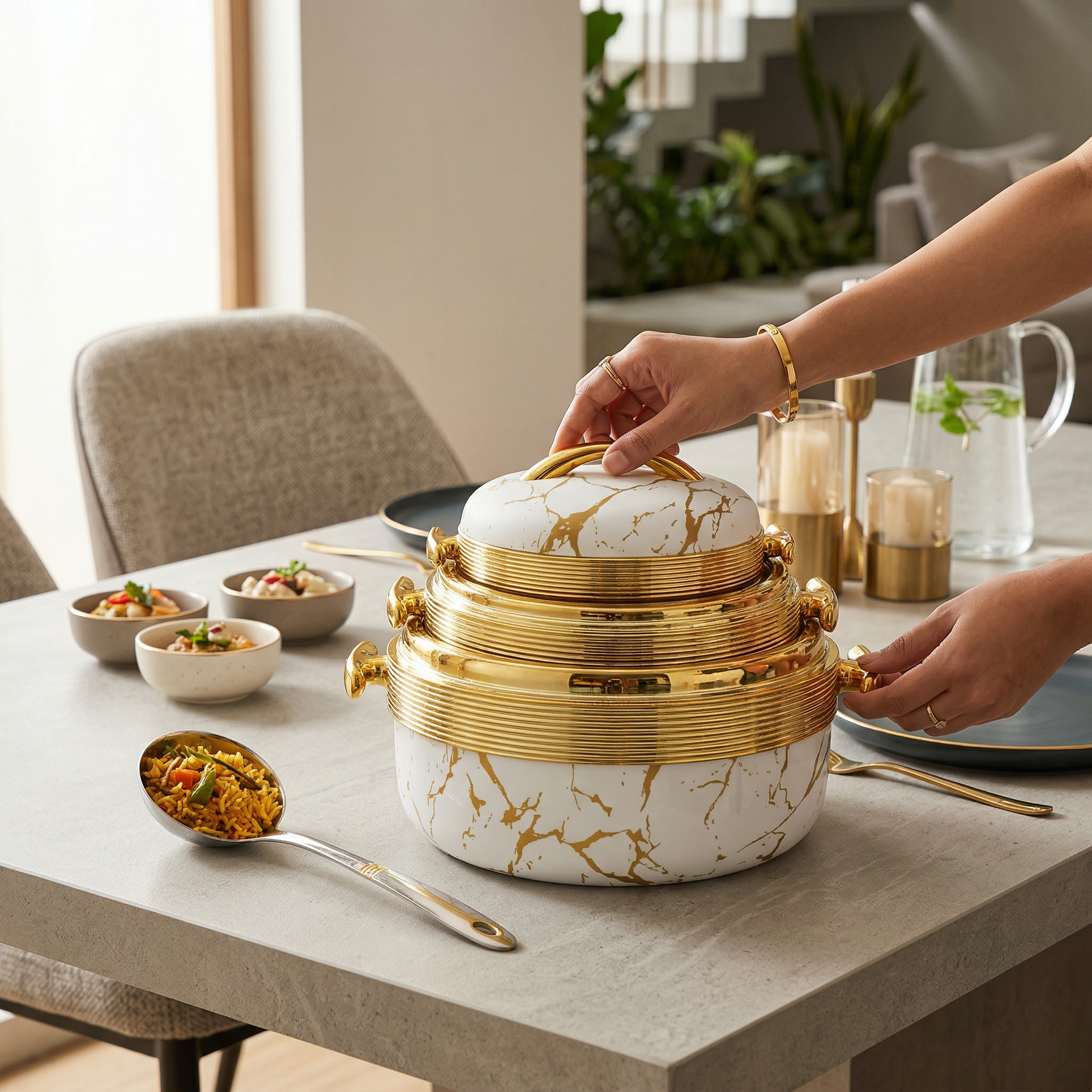 Luxury White Marble Insulated Casserole Set with Gold Accents - Thermal Serving Pots