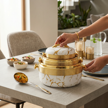 Luxury White Marble Insulated Casserole Set with Gold Accents - Thermal Serving Pots