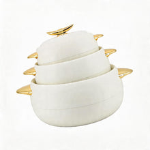 Modern White Insulated Casserole Set with Gold Handles - Stackable Thermal Serving Pots