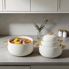 Modern White Insulated Casserole Set with Gold Handles - Stackable Thermal Serving Pots
