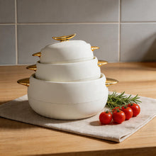 Modern White Insulated Casserole Set with Gold Handles - Stackable Thermal Serving Pots