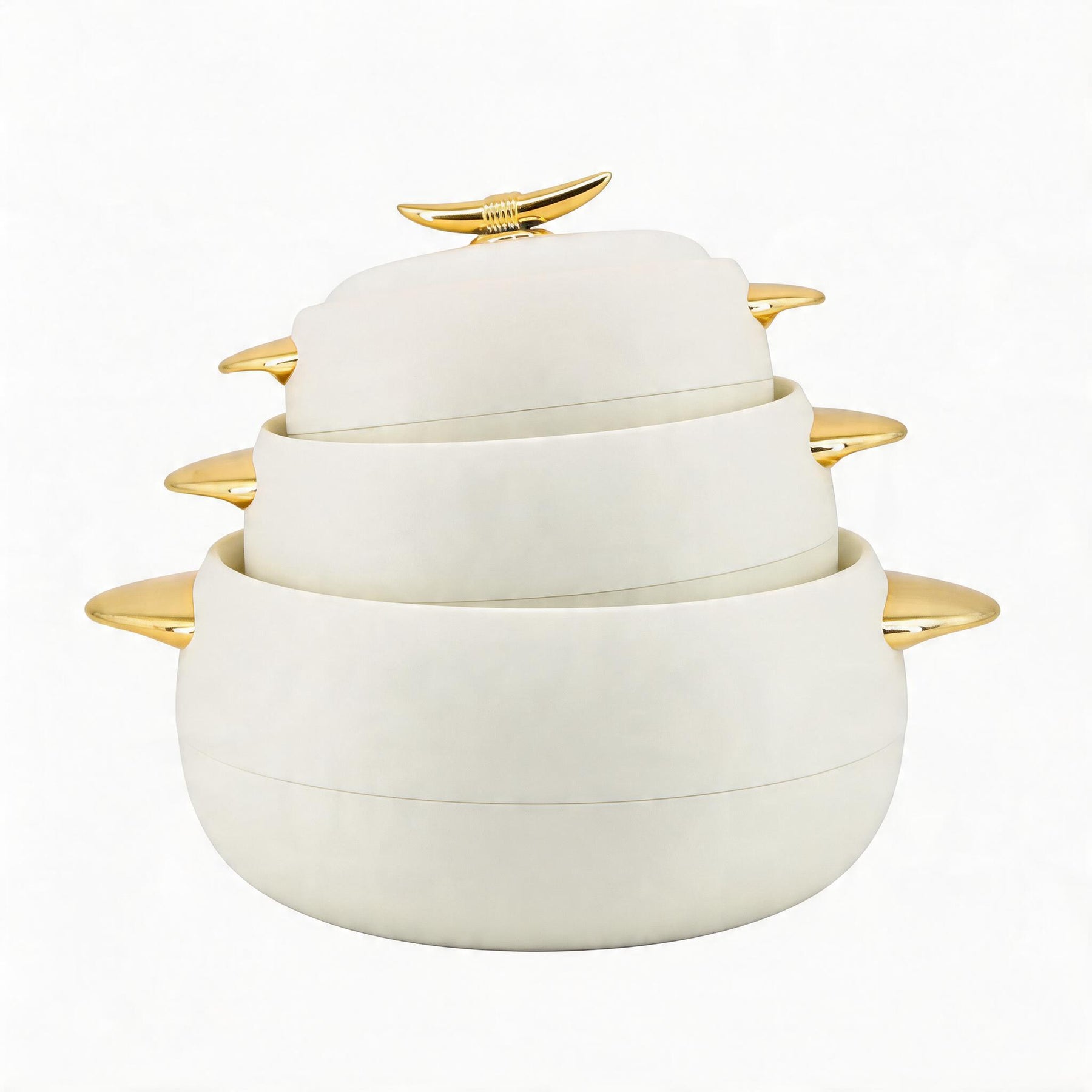 Modern White Insulated Casserole Set with Gold Handles - Stackable Thermal Serving Pots