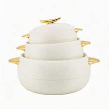 Modern White Insulated Casserole Set with Gold Handles - Stackable Thermal Serving Pots
