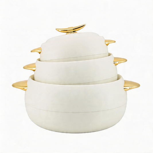 Modern White Insulated Casserole Set with Gold Handles - Stackable Thermal Serving Pots