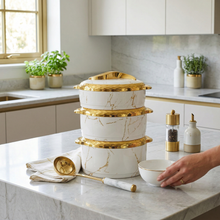 Elegant White Marble Insulated Casserole Set with Gold Accents - Premium Thermal Serving Bowls (Set of 3)