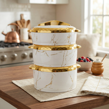 Elegant White Marble Insulated Casserole Set with Gold Accents - Premium Thermal Serving Bowls (Set of 3)