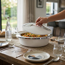 Deluxe White with Silver Trim Insulated Food Warmer Dish - Heat Preserving