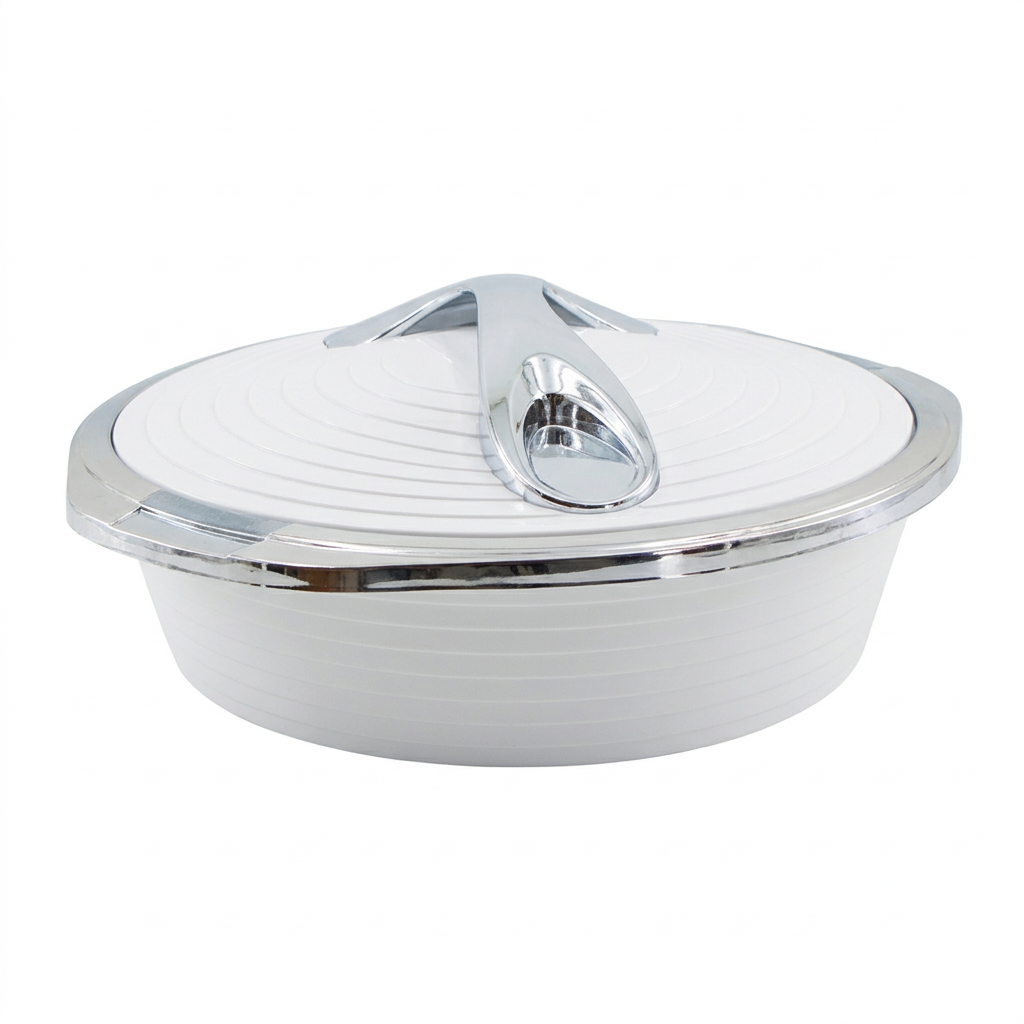 Deluxe White with Silver Trim Insulated Food Warmer Dish - Heat Preserving