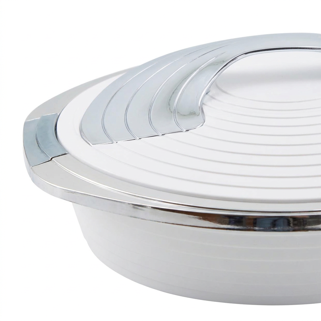 Deluxe White with Silver Trim Insulated Food Warmer Dish - Heat Preserving