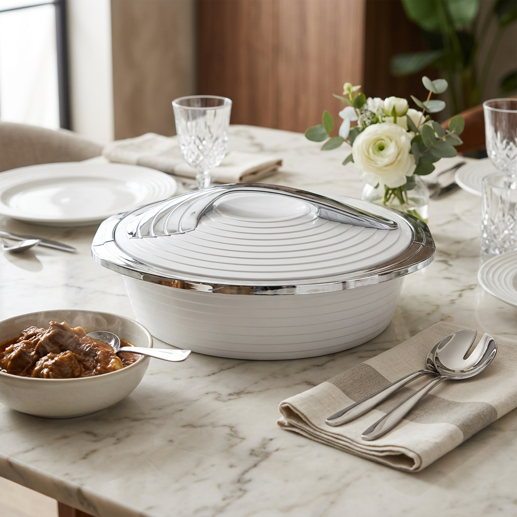 Deluxe White with Silver Trim Insulated Food Warmer Dish - Heat Preserving