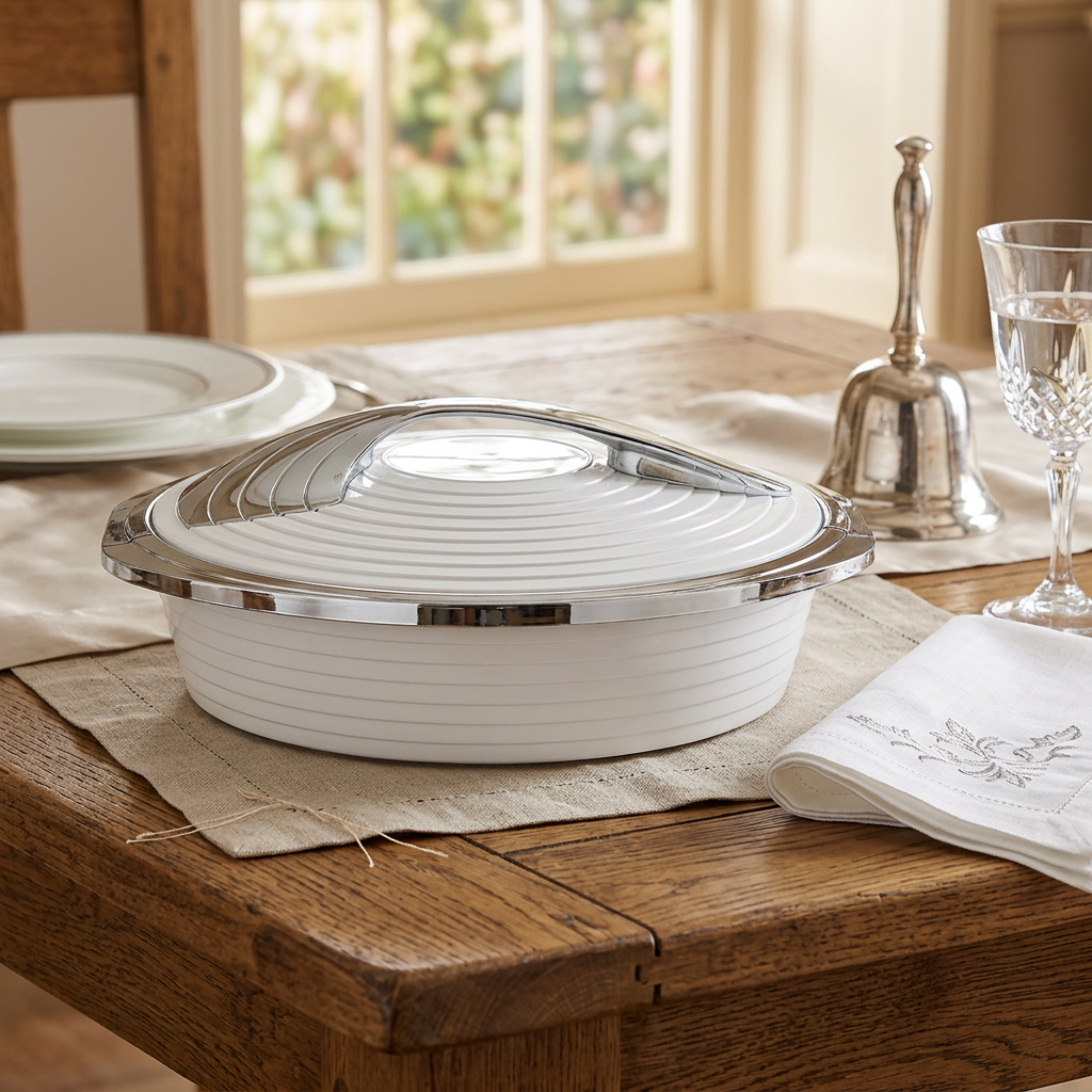 Deluxe White with Silver Trim Insulated Food Warmer Dish - Heat Preserving