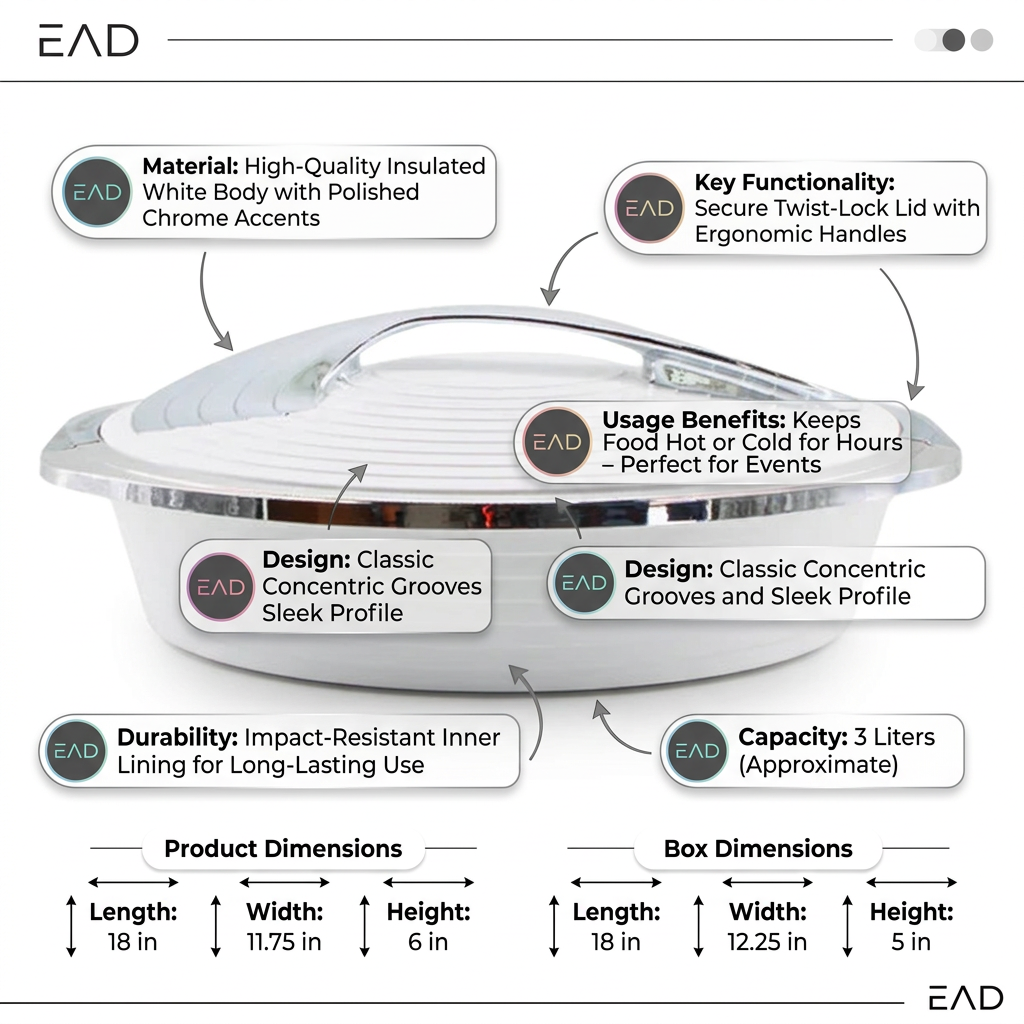 Deluxe White with Silver Trim Insulated Food Warmer Dish - Heat Preserving