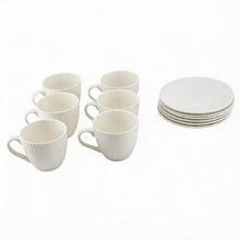 Embossed White Porcelain Coffee Cup & Saucer Set - Classic Minimalist Design - 12 Piece