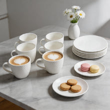 Embossed White Porcelain Coffee Cup & Saucer Set - Classic Minimalist Design - 12 Piece