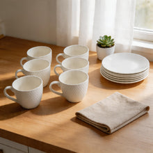 Embossed White Porcelain Coffee Cup & Saucer Set - Classic Minimalist Design - 12 Piece
