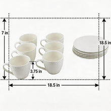 Embossed White Porcelain Coffee Cup & Saucer Set - Classic Minimalist Design - 12 Piece