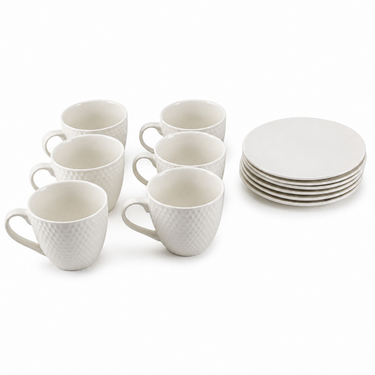 Embossed White Porcelain Coffee Cup & Saucer Set - Classic Minimalist Design - 12 Piece