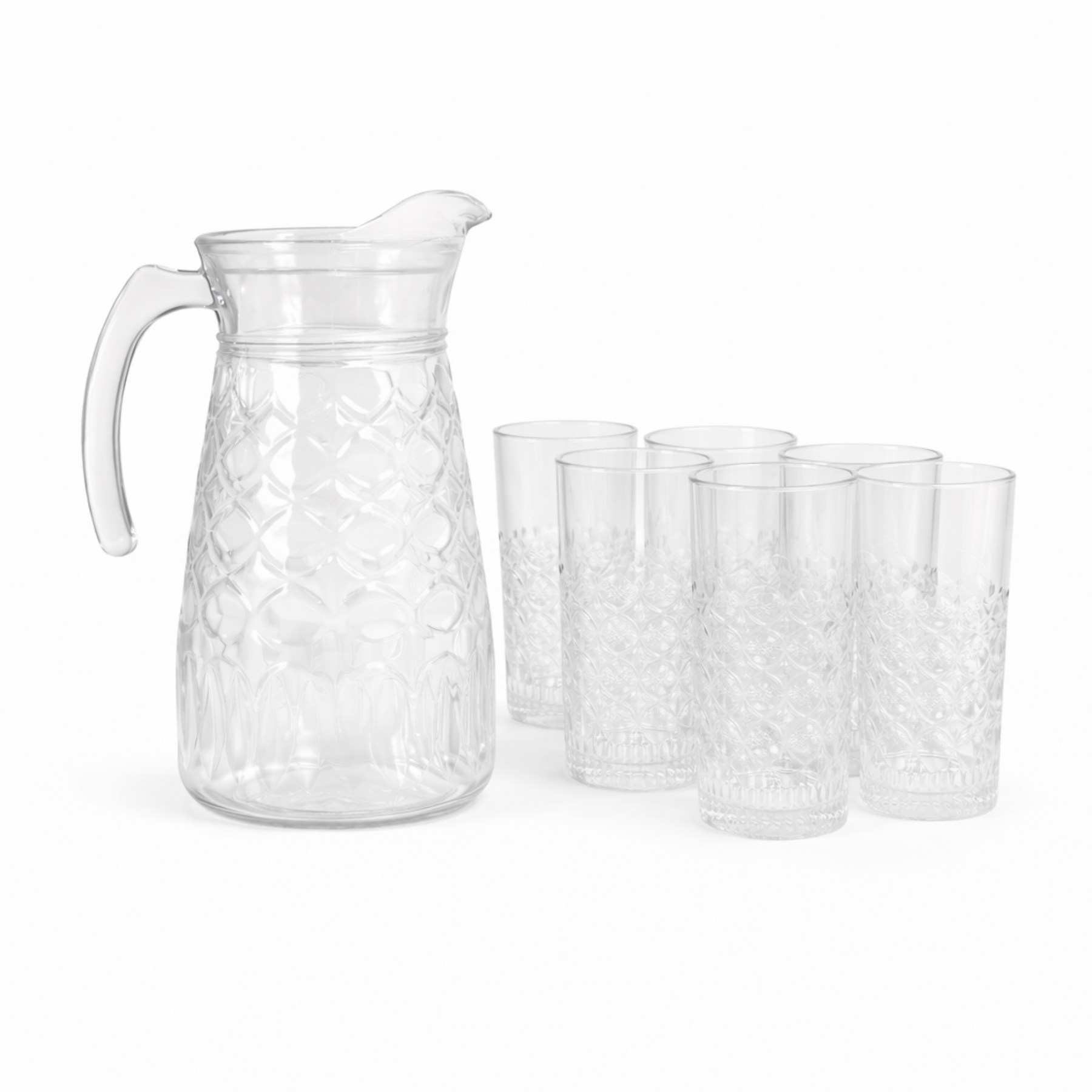 7-Piece Textured Glass Water Pitcher and Tumbler Set, 1.8L Pitcher with 6 Drinking Glasses